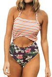 Floral Print Patchwork Stripes One-piece Swimsuit