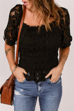 Floral Lace Crochet Ruffled Shirred Square Neck Top