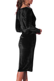 Black V Neck Sleek Velvet Midi Dress