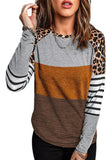 Leopard Striped Color Block Long Sleeve Blouse