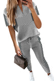 Plaid Splicing Short Sleeve Top and Elastic Waist Pants Set