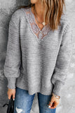 Gray Lace Scalloped V-Neck Side Split Loose Sweater