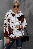 Zip Front Cow Print Plush Hooded Jacket