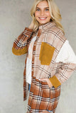 Orange Plaid Color Block Patchwork Shirt Jacket with Pocket