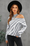 Zebra Print Mock Neck Cold Shoulder Sweater