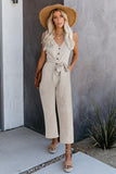 V Neck Button Belted Jumpsuit with Pockets