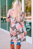 Brown Striped Cuffs Floral Print Long Cardigan