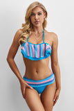 Striped Accent Ruffle Trim Bikini Swimsuit