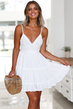 Spaghetti Straps V Neck Lace Bodice Ruffled Mini Dress