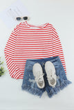 Red Cotton Blend Striped Long Sleeve Top