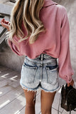 Turn Collar V Neck Crinkled Cuffed Shirt