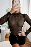 Gold Rhinestone Faux Bustier Mesh Long Sleeves Bodysuit