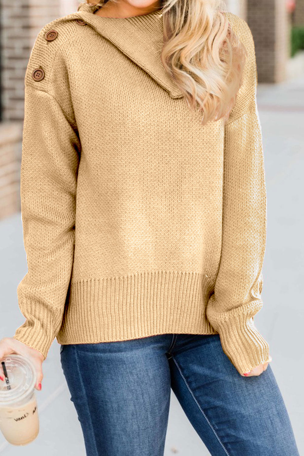 Buttoned Cowl Neck Sweater
