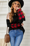 Crewneck Lantern Sleeve Plaid Sequin Splicing Pullover Sweatshirt