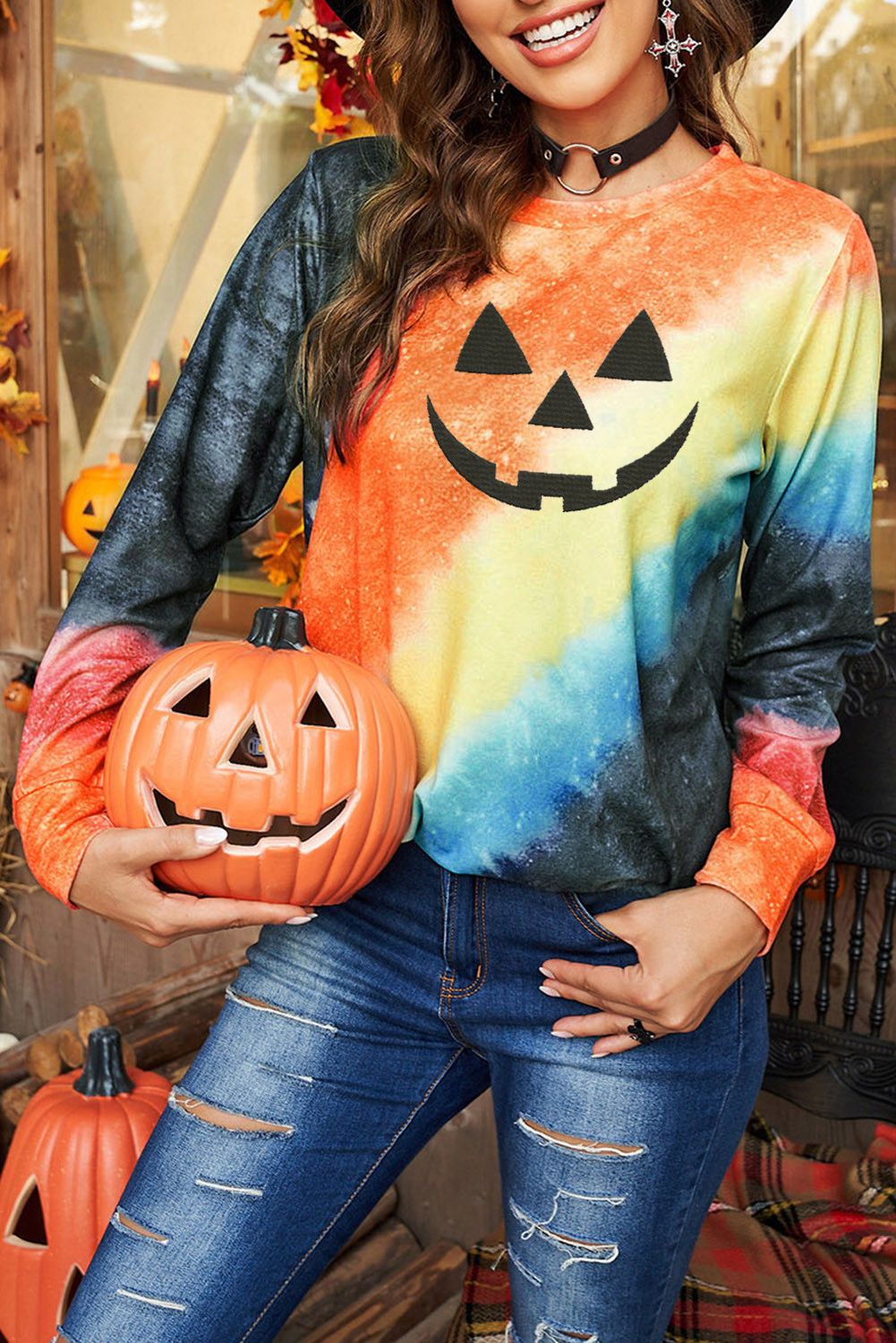 Pumpkin Embroidered Tie Dye Long Sleeve Sweatshirt