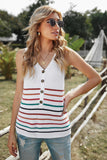 V Neck Striped Pattern Knit Tank Top with Buttons
