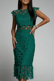 Green Flutter Sleeves Lace Lined Ruffled Midi Dress