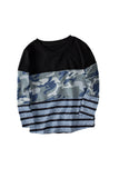 Camo Striped Color Block Girl's Crewneck Long Sleeve Top