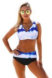 Contrast Color Block Print Wrap V Neck Lace-up Back Bikini