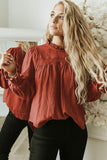 Brown Ruffled Neckline Ruched Long Sleeve Crinkle Top