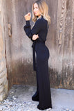 Black V Neck Wrap Waist Tie Long Sleeve Jumpsuit