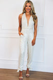 Deep V Neck Sleeveless Open Back Sequin Jumpsuit