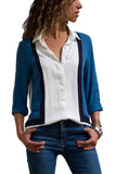 Navy Blue Color Block Long Sleeve Button Up Shirt