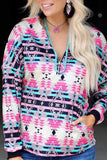 Multicolor Western Aztec Pattern Zipped Turn-down Collar Sweatshirt