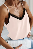 Spaghetti Straps Eyelash V Neck Buttoned Back Lace Splicing Tank Top