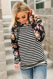 Striped Floral Print Long Sleeve Zipper Hoodie