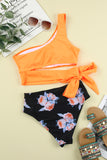 One-shoulder Self-tie Floral Bottom Two-piece Bikini Set