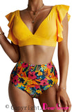 Floral Ruffled Hem High Waist Bikini Set
