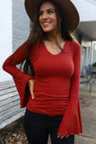 Red Boho V Neck Knit Bell Sleeve Top