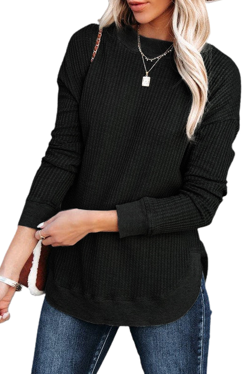Crew Neck Ribbed Trim Waffle Knit Top