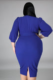 Plus Size Puff Sleeve Wrap V Neck Midi Dress