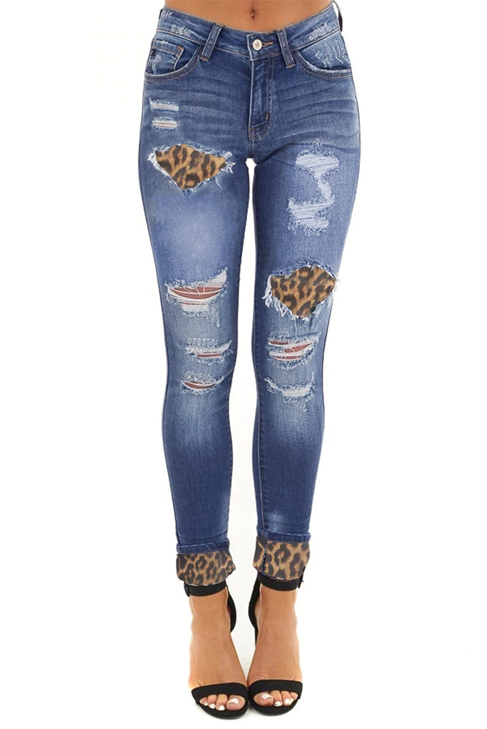 Hollow Out Leopard Patchwork Distressed Jeans