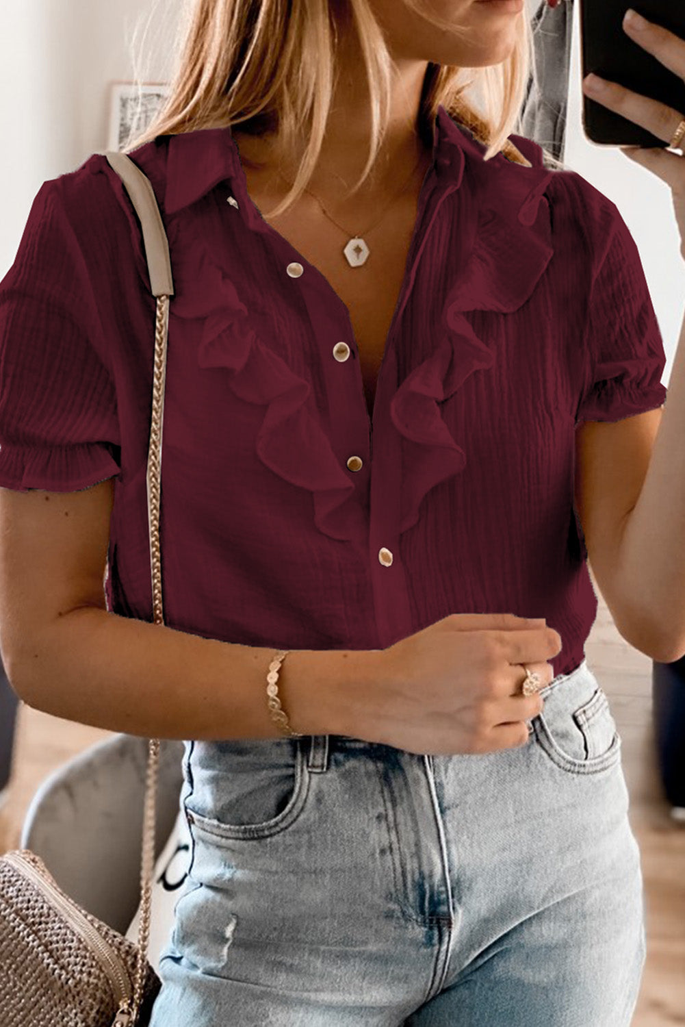 Buttoned Short Sleeves Shirt with Ruffles