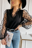 Lace Contrast V Neck Puffy Sleeve Blouse