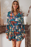 Abstract Print Ruffled Drawstring High Waist Mini Dress