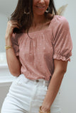 Pink Square Neck Dotted Print Puff Sleeve Blouse with Tie Back