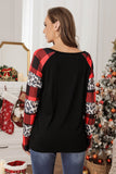 Merry Christmas Plaid Leopard Patchwork Long Sleeve Top