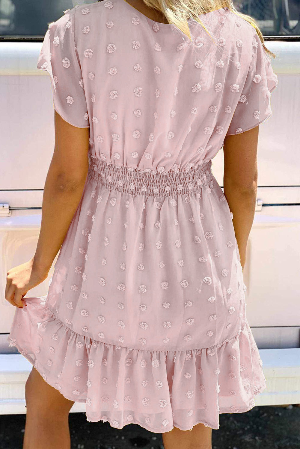 Polka Dot V Neck Ruffled Short Sleeves Mini Dress