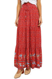 Boho Floral Print Elastic High Waist Pleated A Line Maxi Skirt