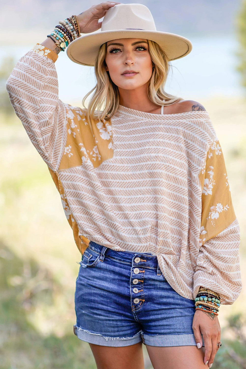Striped Floral Splicing Lantern Sleeve Top