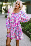 Ruffled Square Neck Long Sleeve Floral Dress
