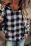 Plaid Button Collar Drawstring Pullover Hoodie