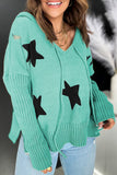 Green V Neck Star Pattern Hooded Sweater with Slits