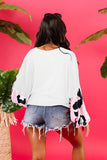 Leopard Splicing Waffle Knit Puff Sleeve Blouse