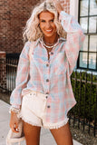 Pink Collared Neckline Plaid Pattern Long Sleeve Shirt