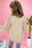 Leopard Mesh Bubble Sleeve Split Neck Blouse